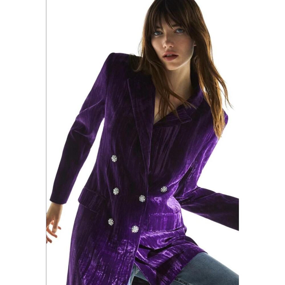 ZARA Purple Velvet Bejeweled Blazer Dress Embellished Jewel Button SZ S EUC Rare